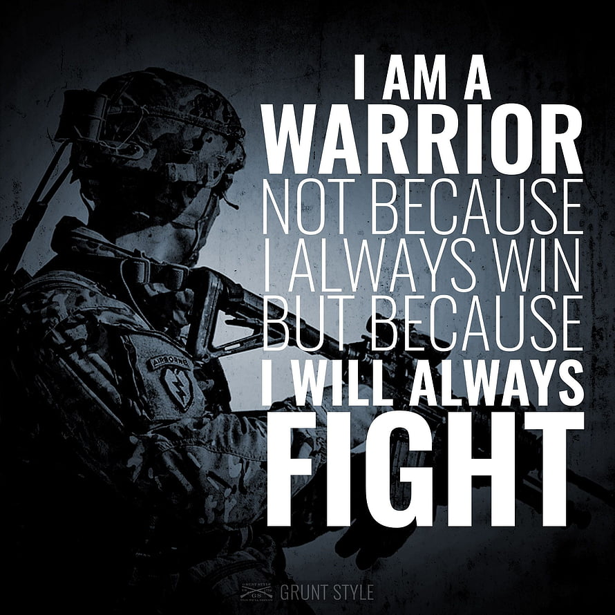 Soldier in Combat Gear Holding Rifle with Motivational Warrior Quote HD phone wallpaper