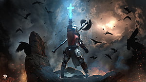 Dante's Inferno Warrior Holding Glowing Cross and Scythe on Rocky Outcrop HD wallpaper