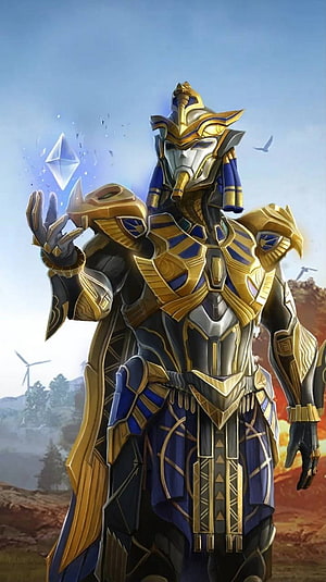 Raven X Suit Character in Golden and Blue Armor Holding a Glowing Crystal HD phone wallpaper