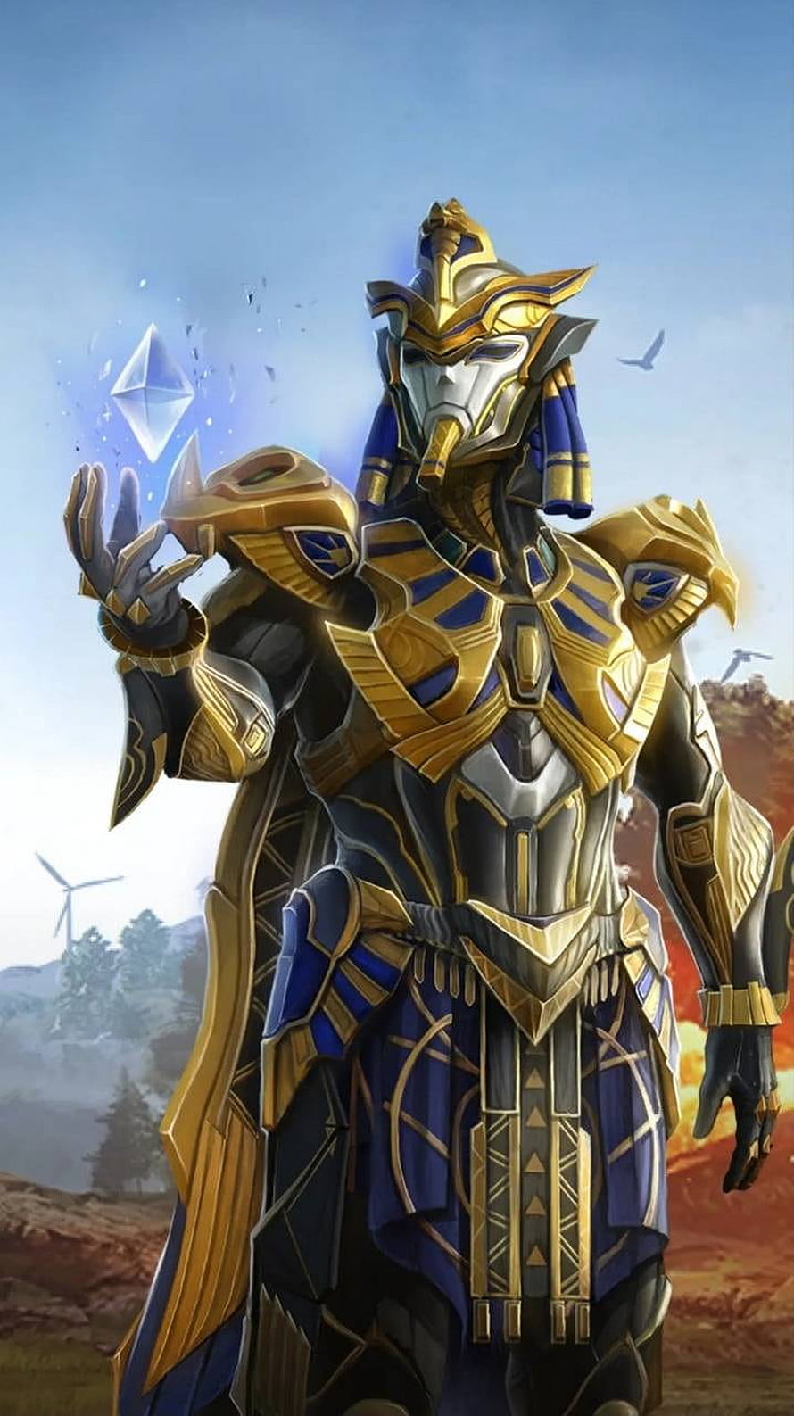 Raven X Suit Character in Golden and Blue Armor Holding a Glowing Crystal HD phone wallpaper