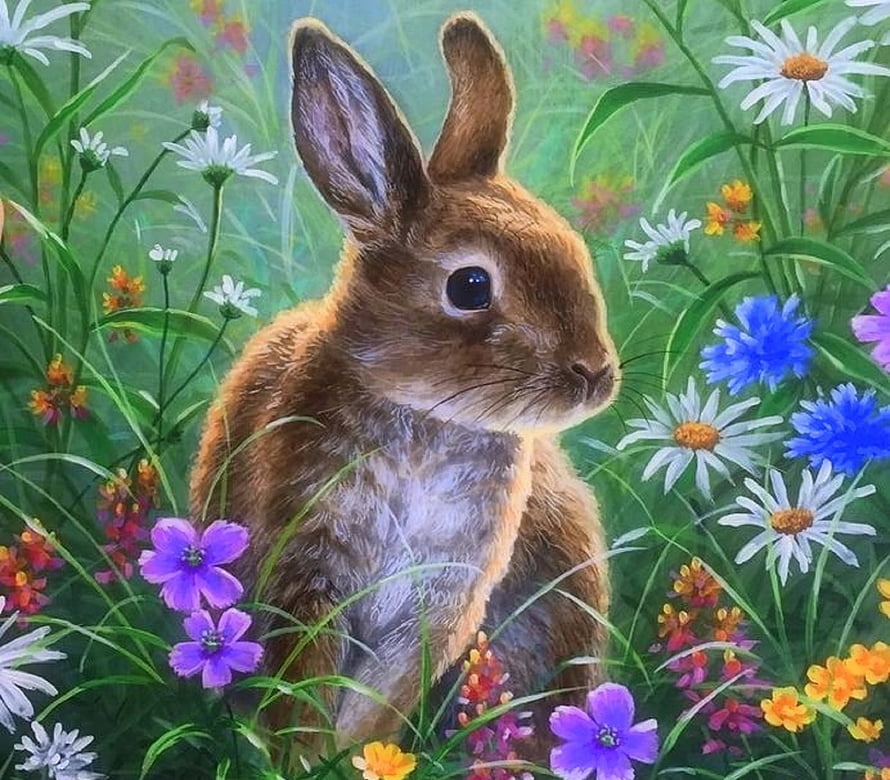 Realistic Brown Rabbit Painting Amidst Spring Wildflowers and Daisies HD wallpaper