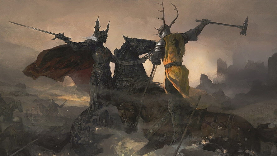 Epic Fantasy Battle Scene with Armored Knights on Horseback in a Misty Battlefield HD wallpaper