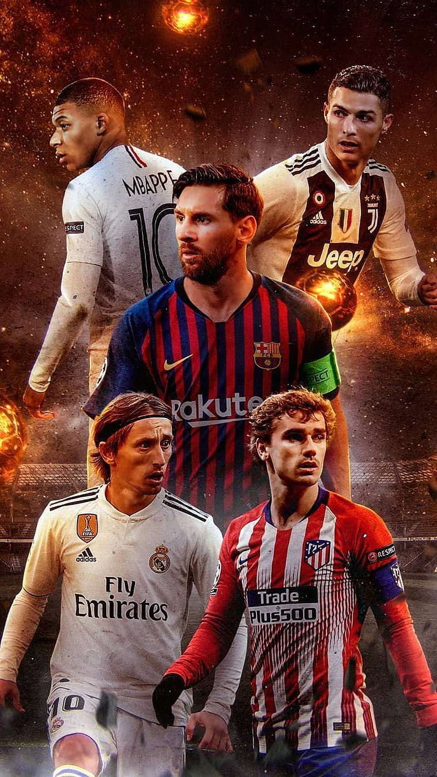 Soccer Legends Collage Featuring Messi, Ronaldo, Mbappe, Modric and Griezmann HD phone wallpaper