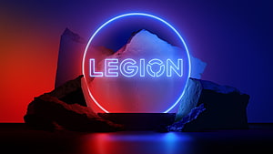 Legion Gaming Neon Logo Displayed on Rock Formation with Red and Blue Lighting HD wallpaper