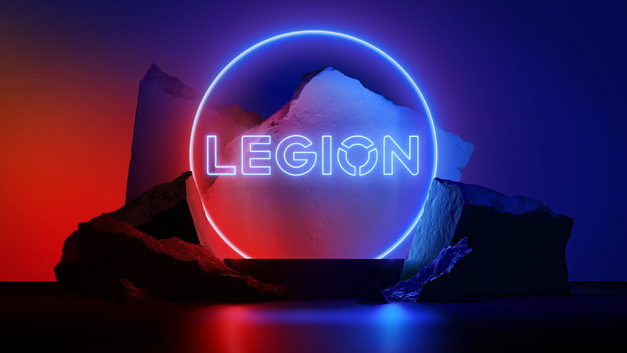 Legion Gaming Neon Logo Displayed on Rock Formation with Red and Blue Lighting HD wallpaper