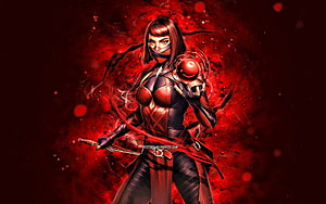 Skarlet from Mortal Kombat in a dark red energy burst holding a glowing orb and sword HD wallpaper