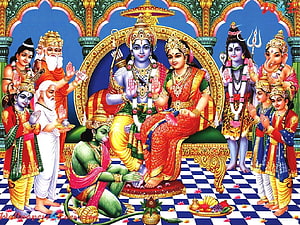 Shri Ram Sita Laxman Hanuman with Deities and Sages in Traditional Indian Temple Art HD wallpaper