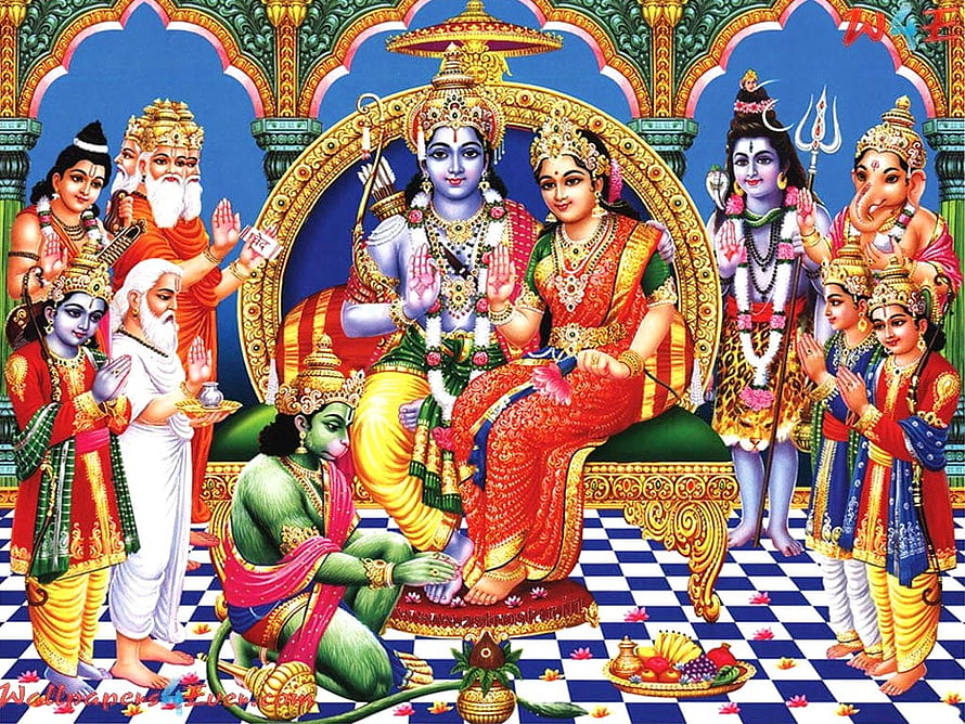 Shri Ram Sita Laxman Hanuman with Deities and Sages in Traditional Indian Temple Art HD wallpaper