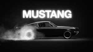 Classic Ford Mustang Black Coupe with Tire Smoke and Neon Text on Dark Background HD wallpaper