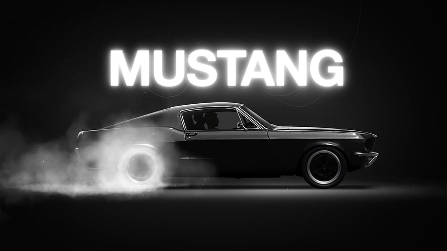 Classic Ford Mustang Black Coupe with Tire Smoke and Neon Text on Dark Background HD wallpaper
