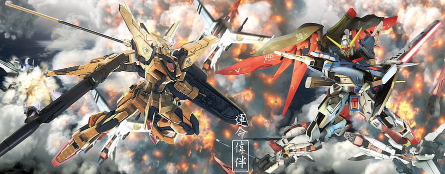 Gundam mobile suits in aerial combat with explosions and fighter jets HD wallpaper