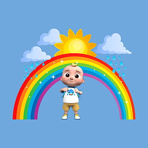 Cocomelon JJ Baby Character Standing Under Vibrant Rainbow With Sun And Clouds HD phone wallpaper