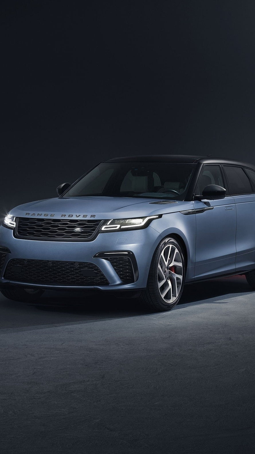 Slate Blue Range Rover Velar SUV Studio Shot with Black Roof and LED Headlights HD phone wallpaper
