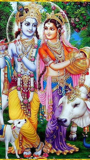 Radha Krishna Divine Couple with Flute and Pot in Lush Garden Setting HD phone wallpaper