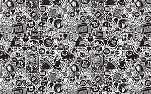 Monochrome Doodle Pattern with Pop Culture Slogans and Cartoon Icons HD wallpaper