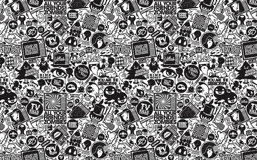 Monochrome Doodle Pattern with Pop Culture Slogans and Cartoon Icons HD wallpaper