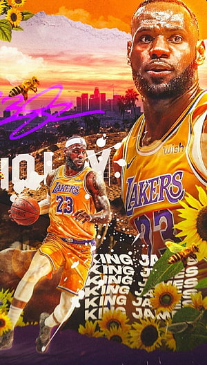 LeBron James Lakers 23 Artwork with Sunflowers and Los Angeles Skyline HD phone wallpaper