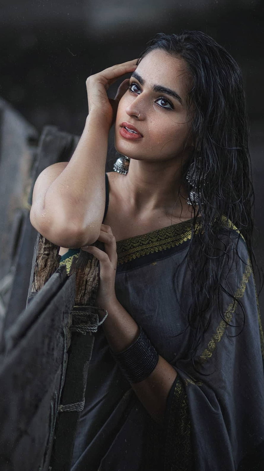 Ayesha Khan in a dark grey saree with gold border, posing against a rustic wooden backdrop HD phone wallpaper