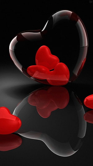 Glossy 3D Red Hearts Inside a Black Glass Sphere on a Reflective Surface HD phone wallpaper