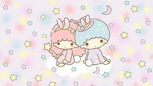 Little Twin Stars Kiki and Lala Sitting on a Cloud with Stars and Moon HD wallpaper