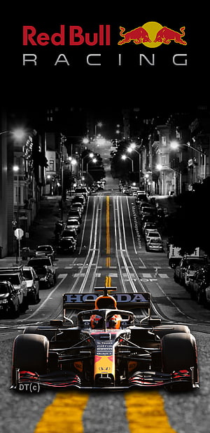 Red Bull Racing Formula 1 car on a night street with Max Verstappen HD phone wallpaper