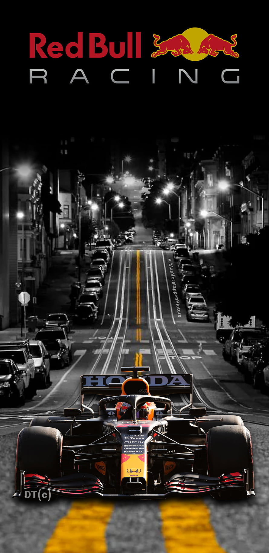 Red Bull Racing Formula 1 car on a night street with Max Verstappen HD phone wallpaper