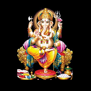 Lord Ganesha Seated on Ornate Throne with Trident and Axe in Traditional Indian Art HD phone wallpaper