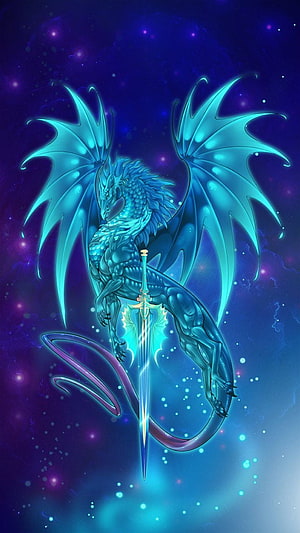Glowing Cyan Dragon with Sword in Cosmic Nebula Fantasy Art HD phone wallpaper