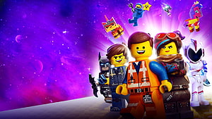 The Lego Movie 2: The Second Part Character Lineup Against Purple Space Nebula HD wallpaper