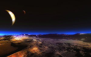Aerial View of Alien Planet Surface with Distant Gas Giant and Moon in Starry Night Sky HD wallpaper