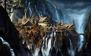 Rivendell Fantasy Castle in Misty Mountains with Waterfalls and Autumn Forest HD wallpaper