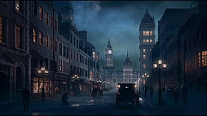 Moody Victorian London Street Scene with Horse-Drawn Carriages and Gas Lamps at Night HD wallpaper