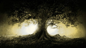Zdzislaw Beksinski Dark Tree Landscape with Ethereal Light and Shadow HD wallpaper