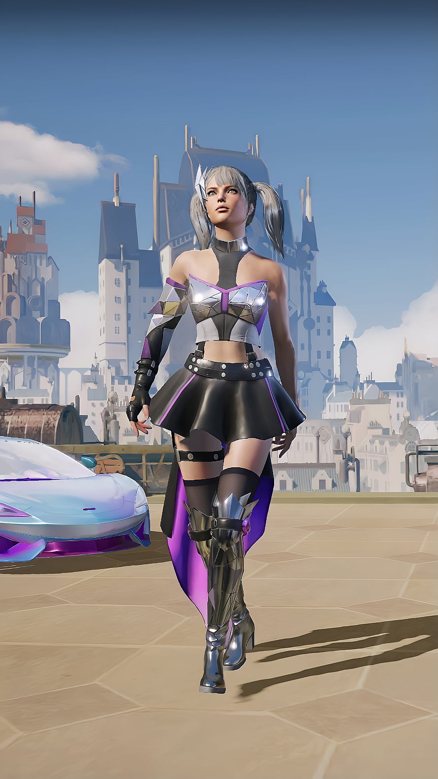 PUBG Mobile Female Character in Futuristic Armor and Purple Skirt HD phone wallpaper