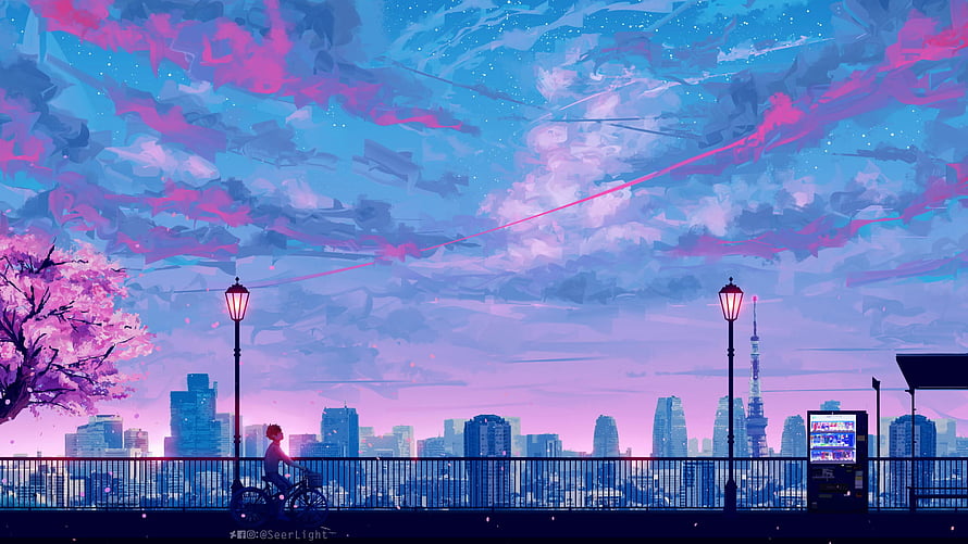 Lofi Anime Aesthetic Cityscape with Cherry Blossoms and Twilight Sky HD wallpaper