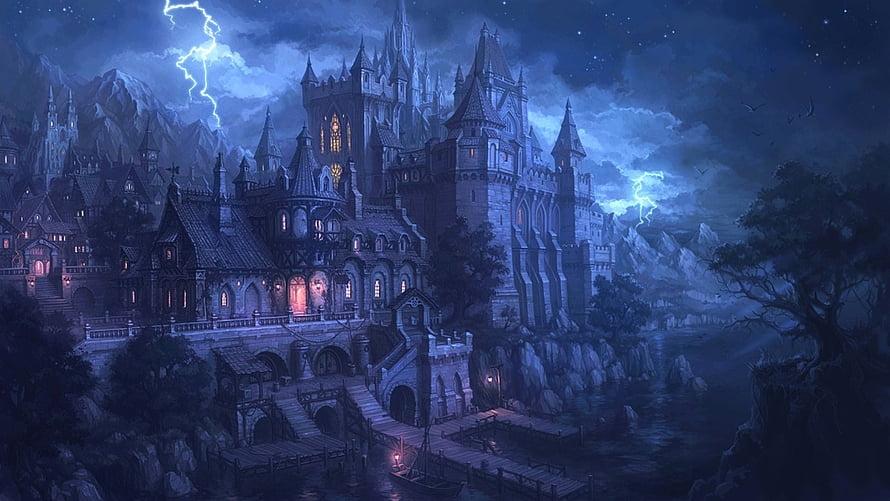 Dark Gothic Castle at Night with Lightning Storm and Waterfront HD wallpaper