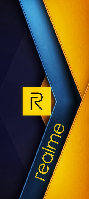 Realme Brand Logo on Abstract Geometric Blue and Yellow Background HD phone wallpaper