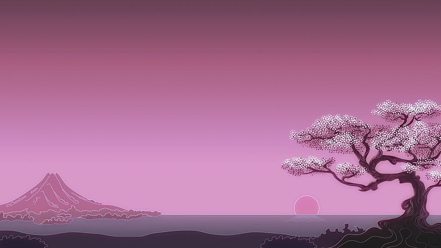 Minimalist Japanese Landscape with Cherry Blossom Tree and Distant Mountain at Sunset HD wallpaper