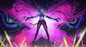 Jinx from Arcane and League of Legends channeling electric energy in a vibrant neon purple and pink setting HD wallpaper