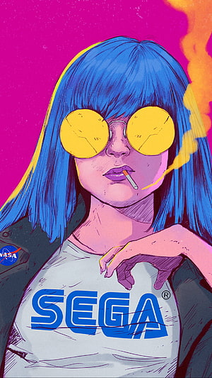 Blue-Haired Woman in Yellow Sunglasses Wearing Sega T-Shirt Pop Art Illustration HD phone wallpaper