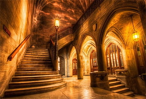Gothic Castle Interior with Grand Staircase and Arched Hallway in Warm Golden Light HD wallpaper
