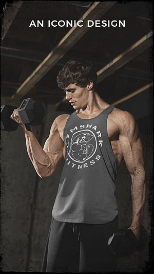 Muscular Man Lifting Dumbbells in Gym Shark Fitness Tank Top HD phone wallpaper