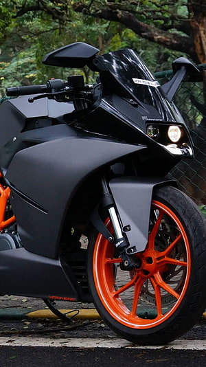 KTM RC 390 Matte Black Sport Bike with Orange Wheels HD phone wallpaper