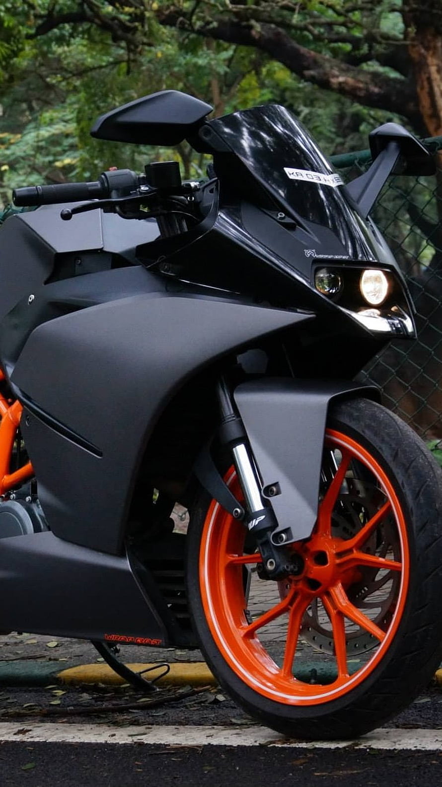 KTM RC 390 Matte Black Sport Bike with Orange Wheels HD phone wallpaper