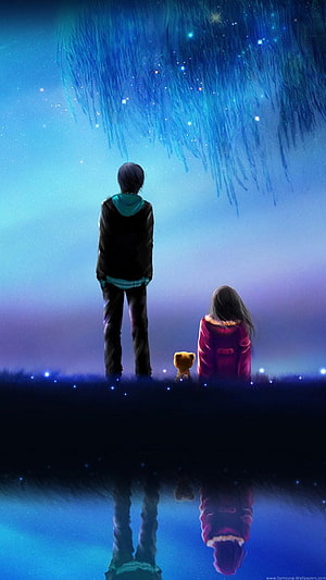 Anime Couple Gazing at Starry Sky with Teddy Bear HD phone wallpaper