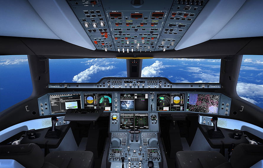 Airbus A350 Cockpit Interior View with Digital Displays and Clouds Outside HD wallpaper