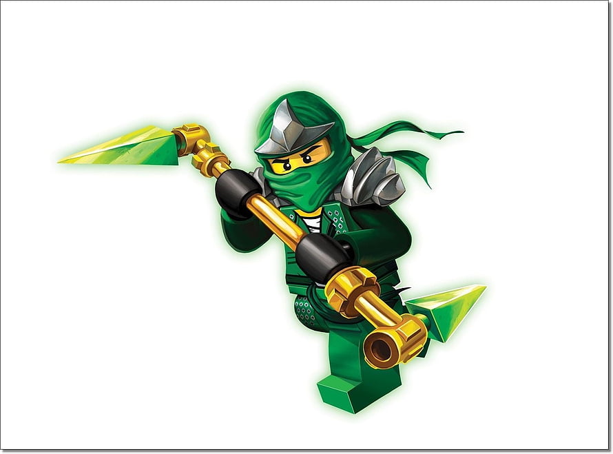 Lego Ninjago Green Ninja Character with Golden Spear on White Background HD wallpaper