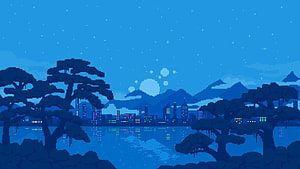 Pixel Art Night Cityscape with Moonlit Mountains and Pine Trees HD wallpaper