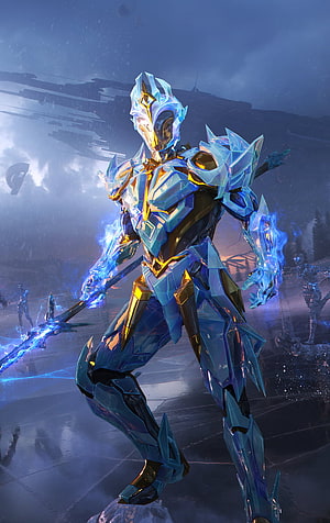 PUBG Mobile Avalanche X Suit Character in Blue Crystal Armor with Energy Sword HD phone wallpaper