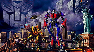 Transformers Team Standing in New York City with Optimus Prime and Bumblebee HD wallpaper